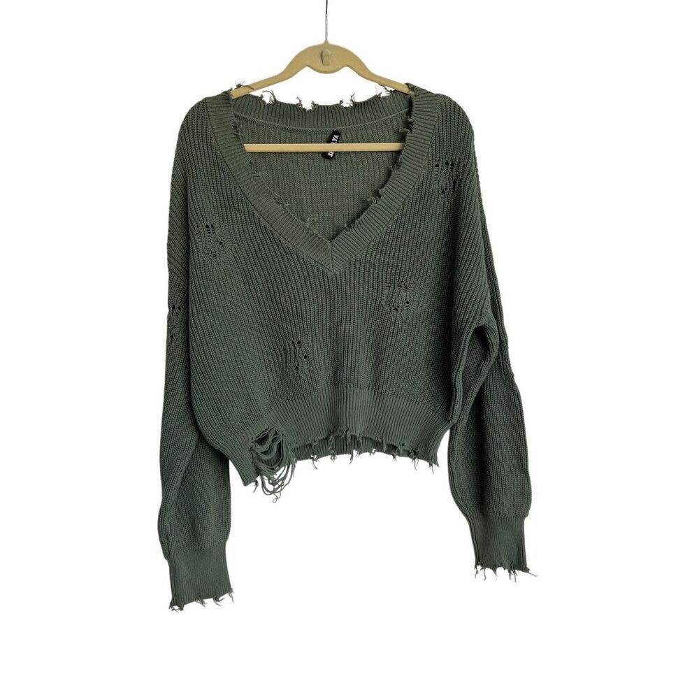Revolve SER.O.YA Sweater Womens Size Medium Olive V-Neck Distressed Cropped Knit